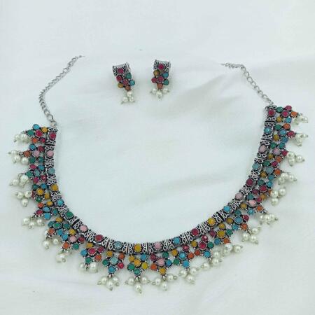 Twilight Serenade Silver Oxidized Multi Color Chokar Necklace Set With Pearls