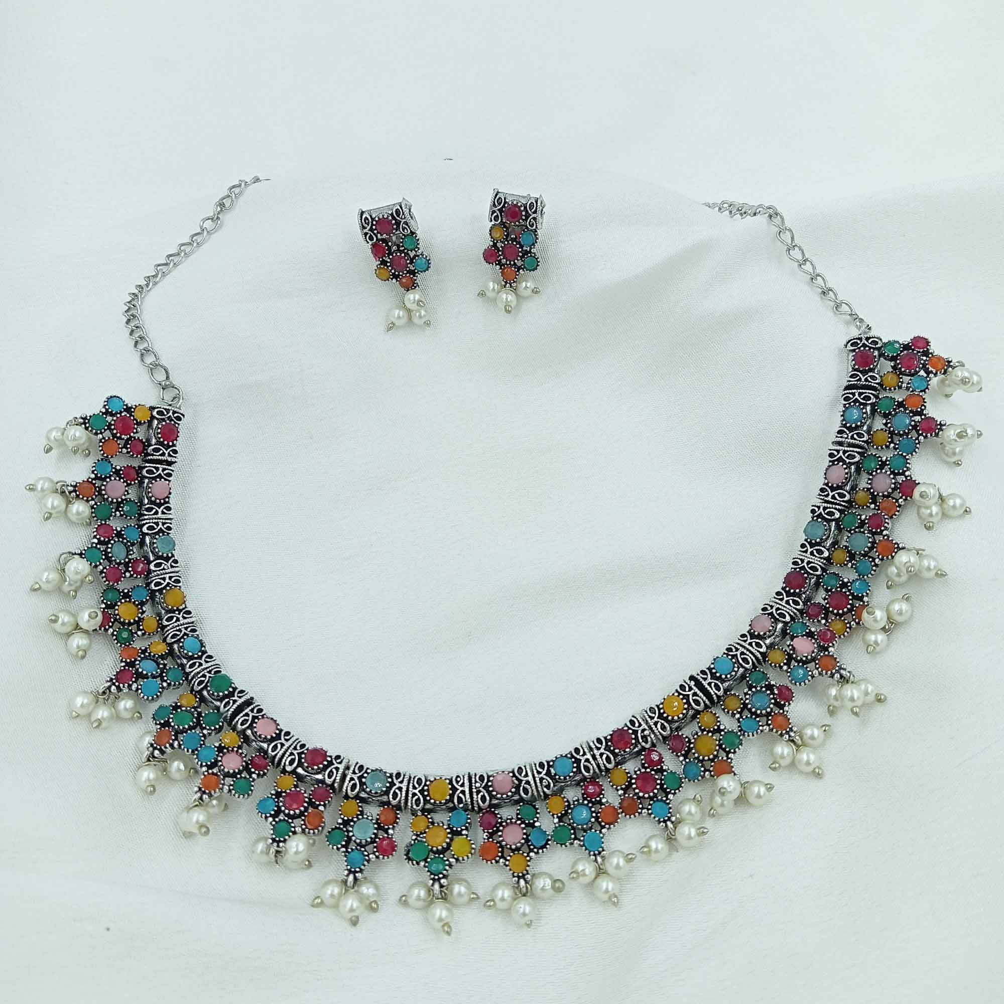 Twilight Serenade Silver Oxidized Multi Color Chokar Necklace Set With Pearls