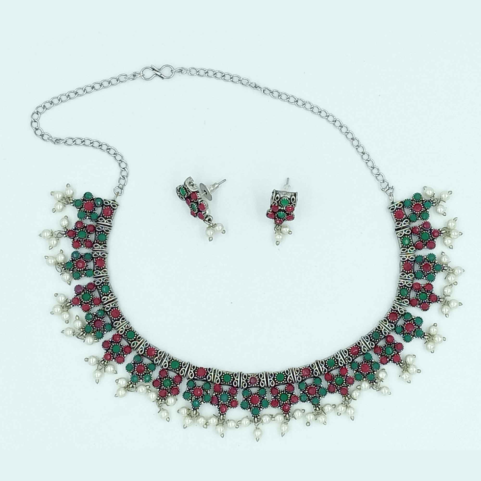 Twilight Serenade Silver Oxidized Red &Green Color Chokar Necklace Set With Pearls