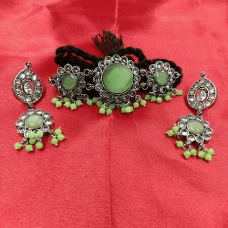 Twilight Serenade Silver Oxidized Green Color Chokar Necklace Set With Dangler Earrings
