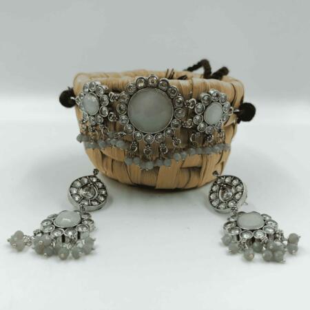 Twilight Serenade Silver Oxidized Moon White Color Chokar Necklace Set With Dangler Earrings