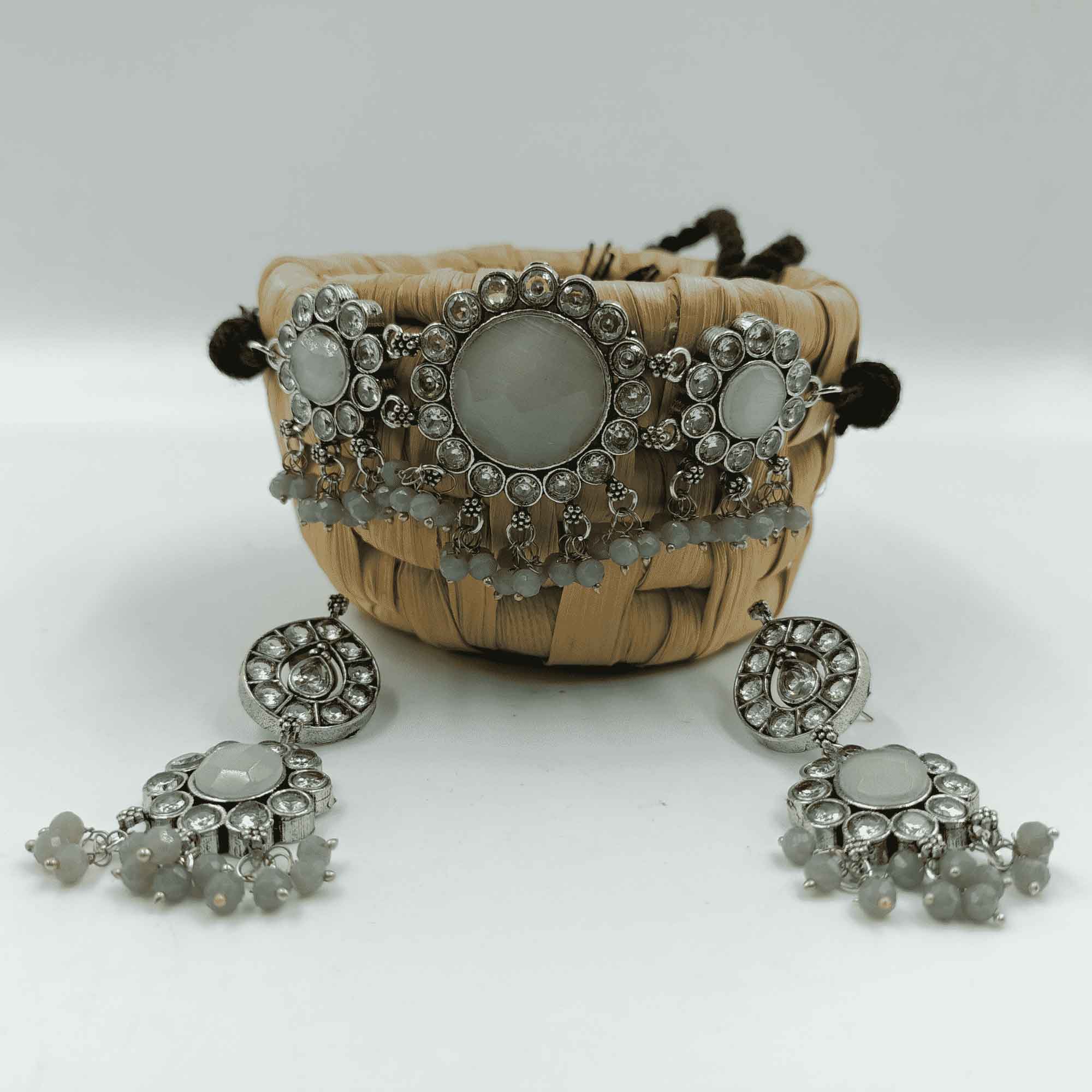 Twilight Serenade Silver Oxidized Moon White Color Chokar Necklace Set With Dangler Earrings