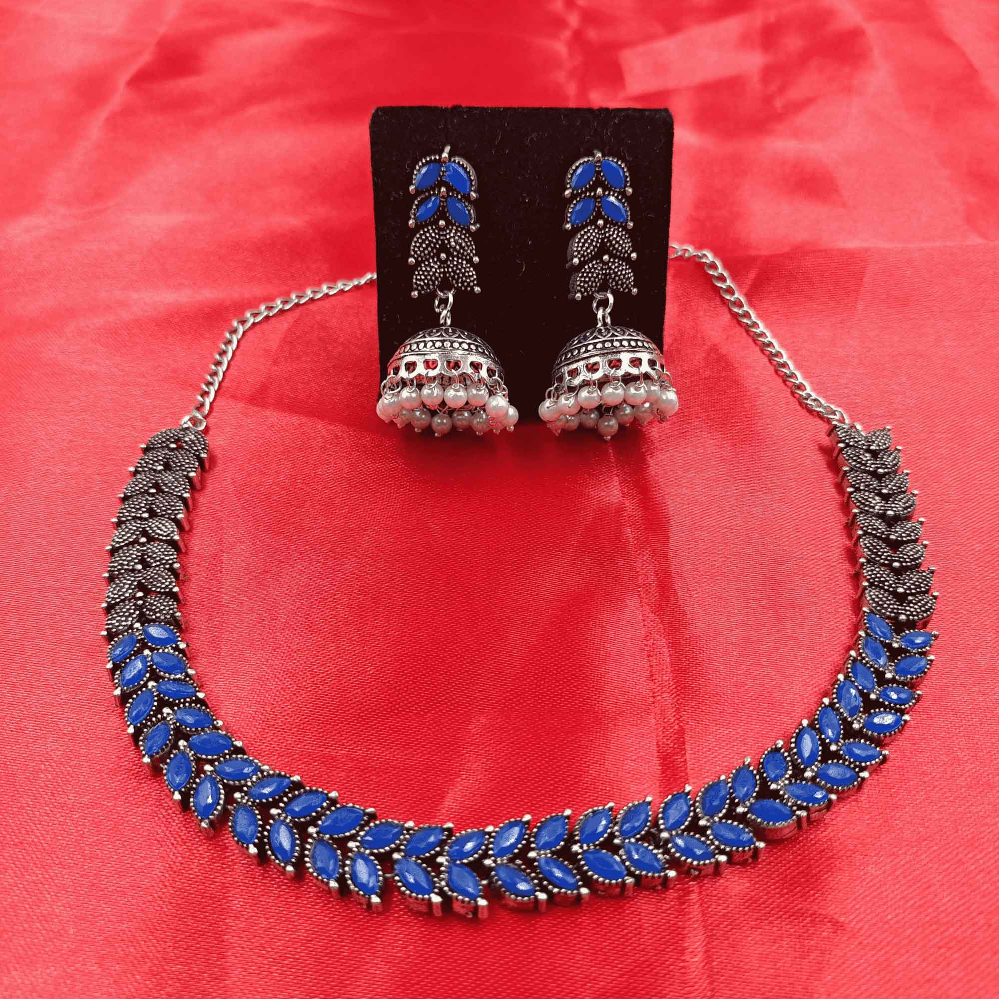 Timeless Elegance Silver Oxidized Blue Color Chokar Necklace Set with Zhumki