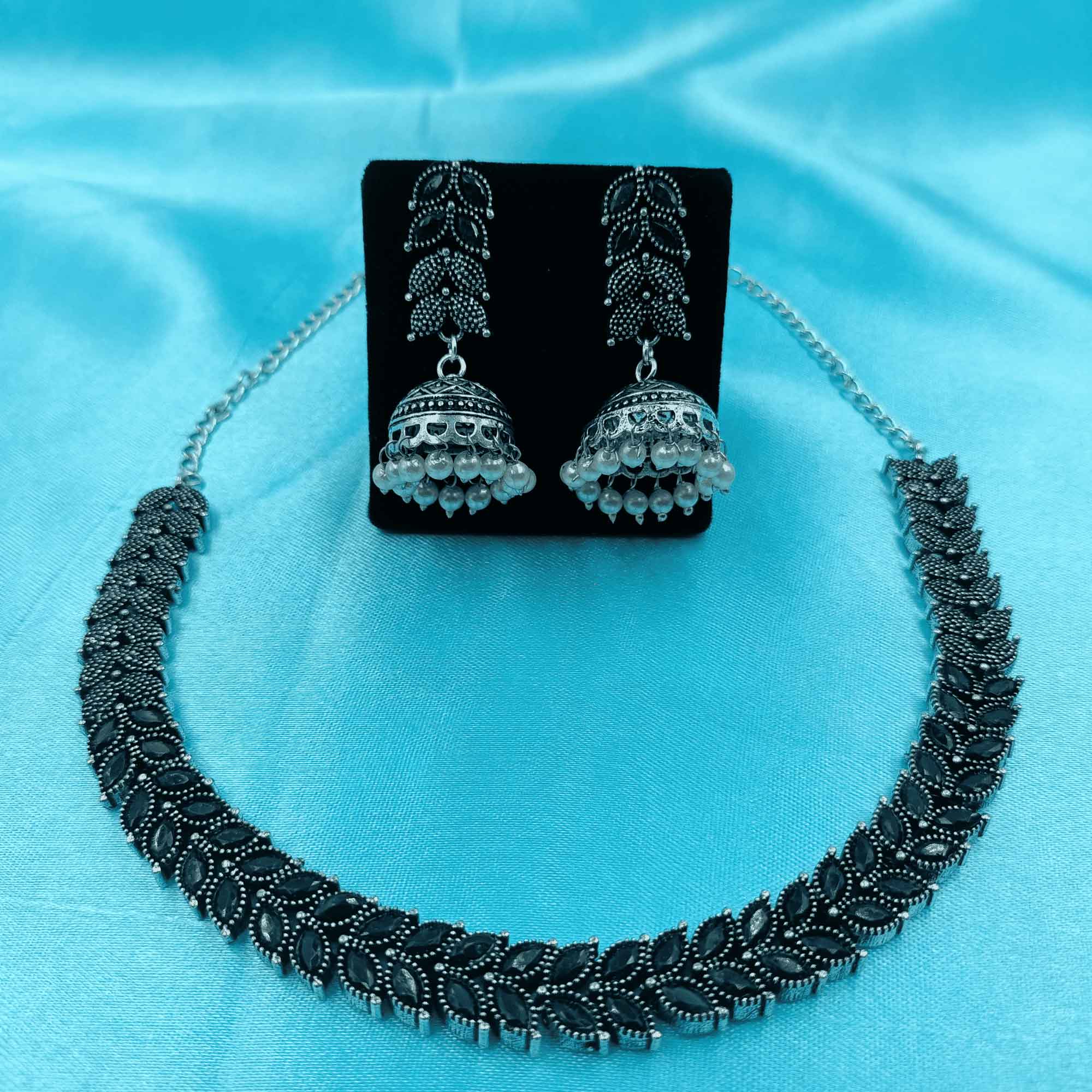 Timeless Elegance Silver Oxidized Black Color Chokar Necklace Set with Zhumki