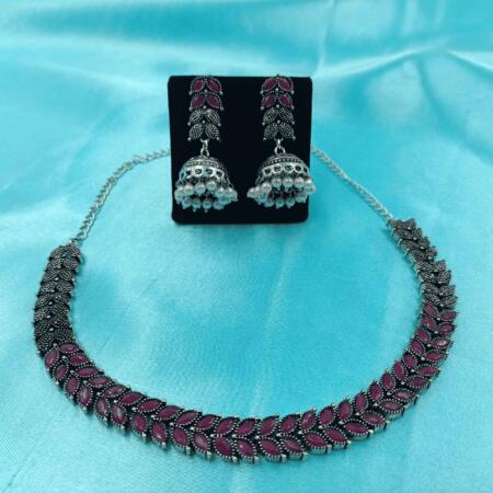 Timeless Elegance Silver Oxidized Rani Color Chokar Necklace Set with Zhumki