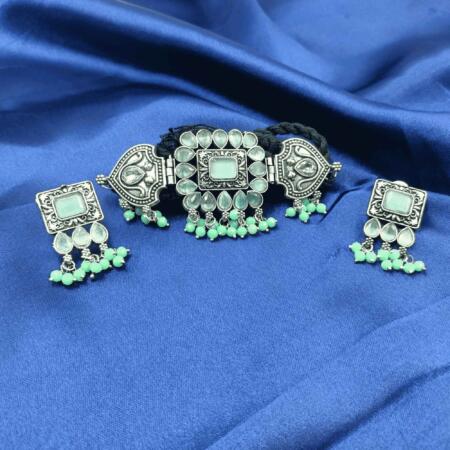 Timeless Elegance Silver Oxidized Pastel Green Color Chokar Necklace Set with Dangler Earrings