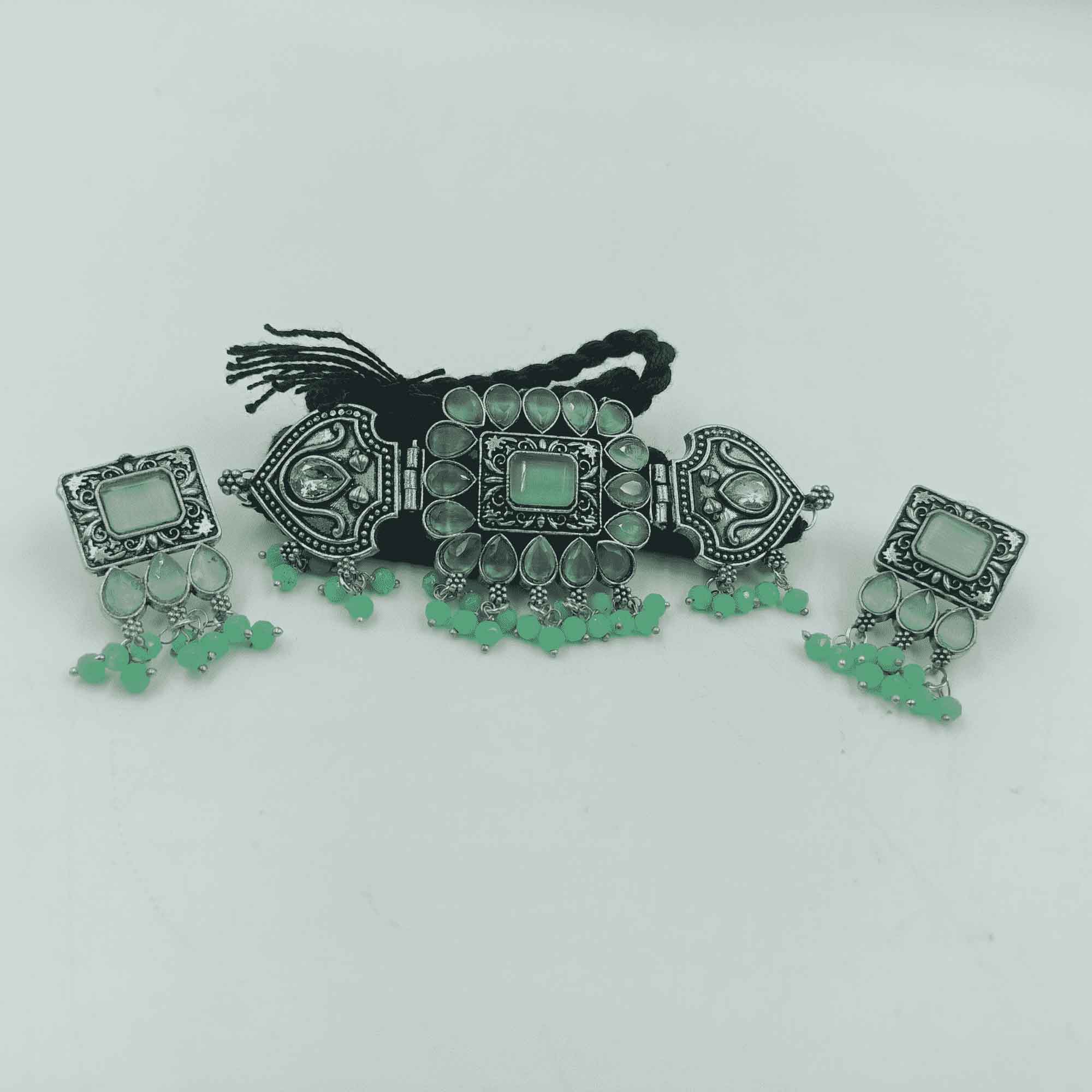 Timeless Elegance Silver Oxidized Pastel Green Color Chokar Necklace Set with Dangler Earrings - Image 4