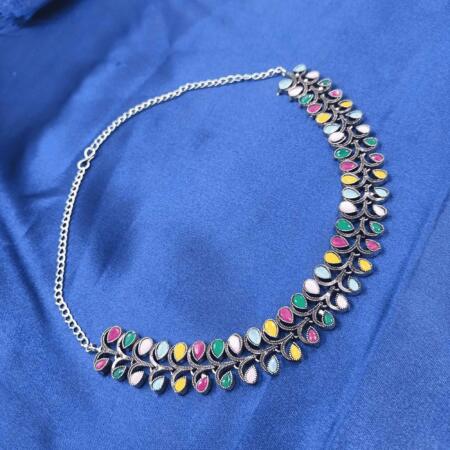 Timeless Elegance Silver Oxidized Multi Color Color Chokar Necklace Set with Zhumki