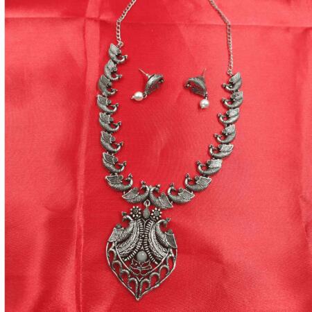 Vintage Charisma Oxidized Silver Look  Mayur Design Turquoise Blue Color Long Necklace Set with Zhumki
