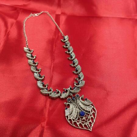 Vintage Charisma Oxidized Silver Look  Mayur Design Blue Color Long Necklace Set with Zhumki