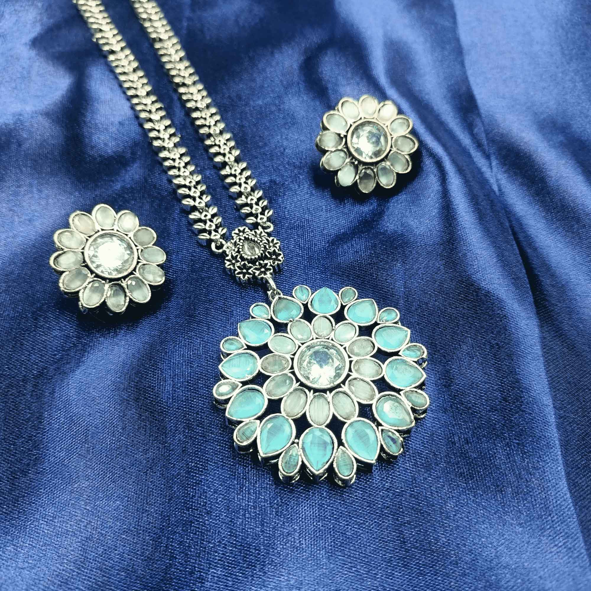 Vintage Charisma Oxidized Silver Look Sky Blue Color Long Necklace Pendent Set with Stud Earrings