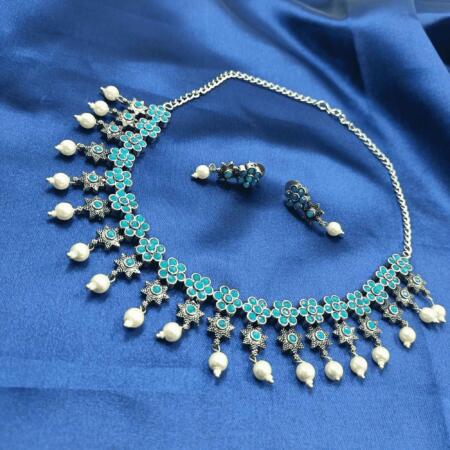 Timeless Elegance Silver Oxidized Turquoise Blue Color Chokar Necklace Set with Dangler Earrings
