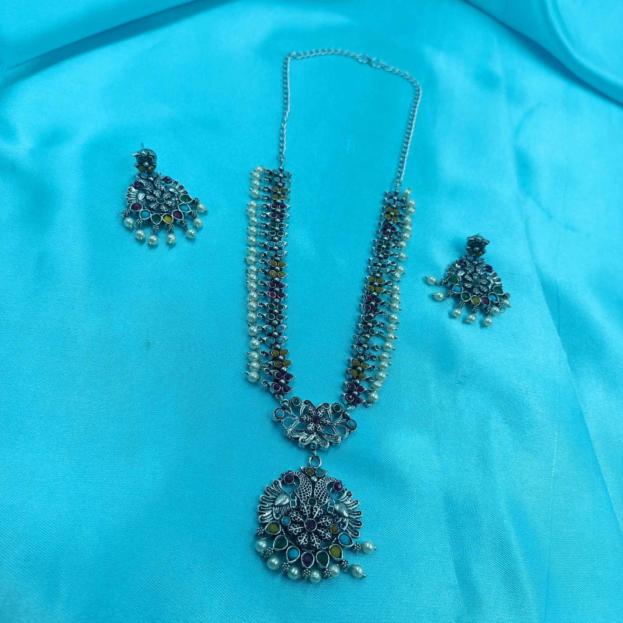 Vintage Charisma Oxidized Silver Look Multi  Color Long Necklace Set with Earrings