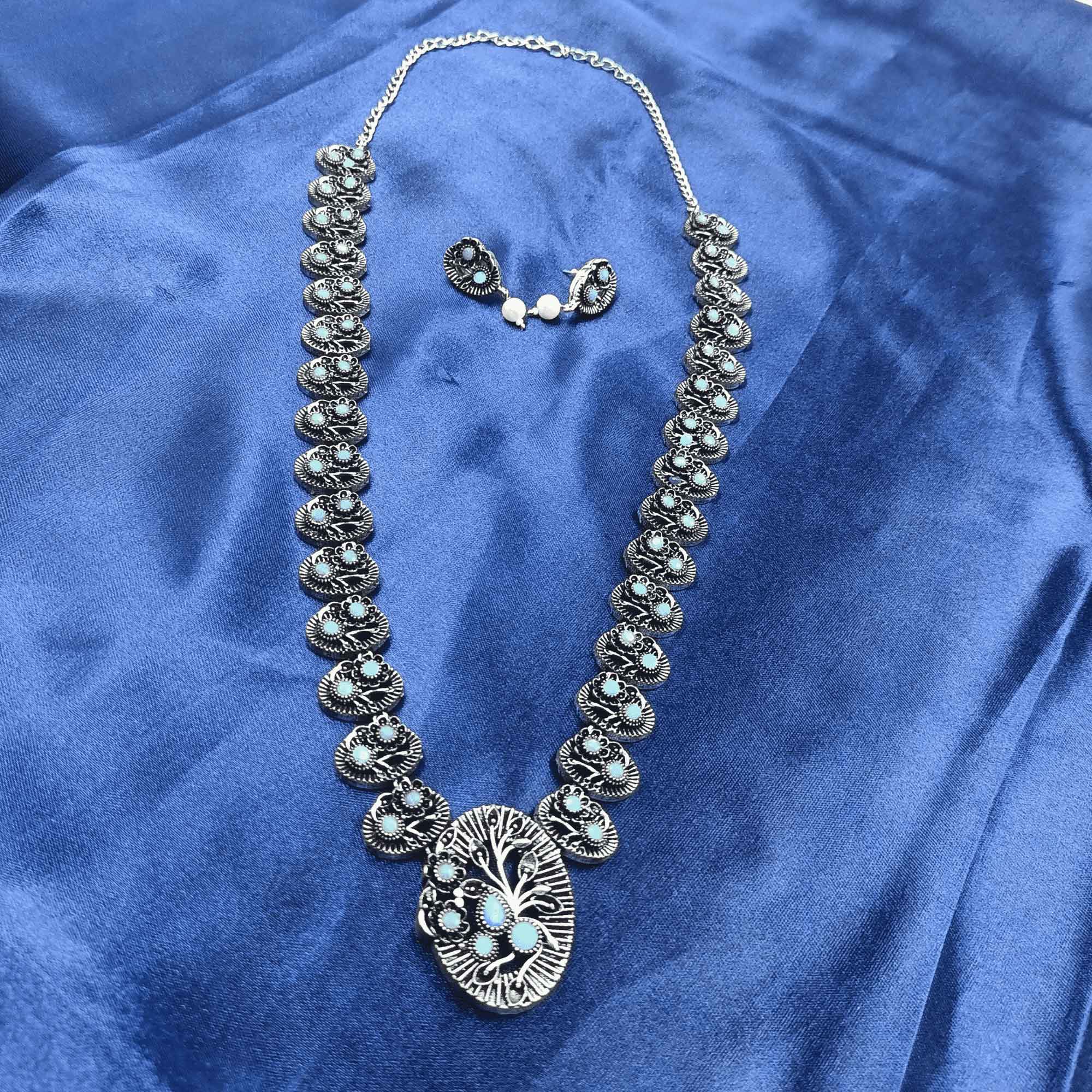 Elegance Silver Oxidized Turquoise Blue Color Long Necklace Set