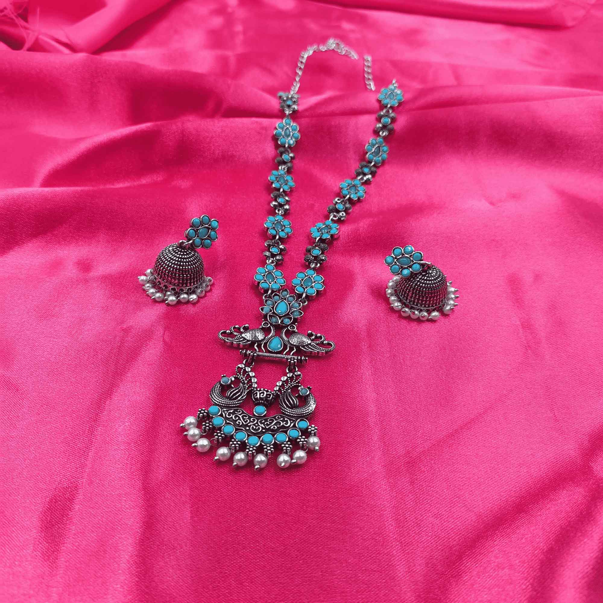 Vintage Charisma Oxidized Silver Look  Mayur Design Turquoise Blue Color Long Necklace Set with Zhumki