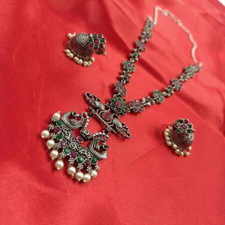Vintage Charisma Oxidized Silver Look  Mayur Design Multi Color Long Necklace Set with Zhumki