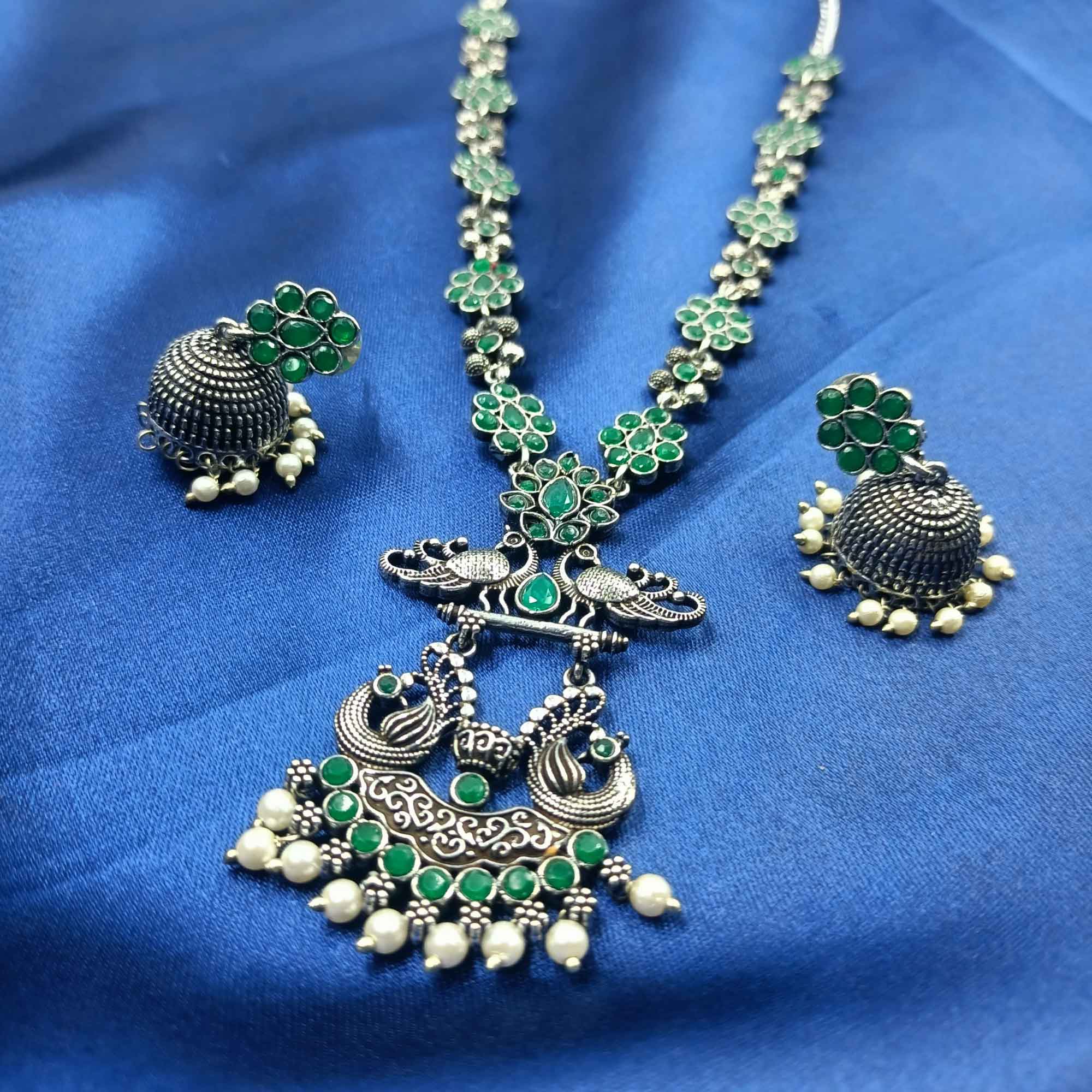 Vintage Charisma Oxidized Silver Look  Mayur Design Turquoise Green Color Long Necklace Set with Zhumki