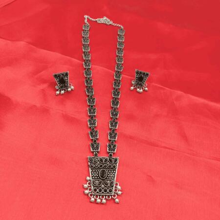 Vintage Charisma Oxidized Silver Look Long Black Color Necklace Set with Earrings