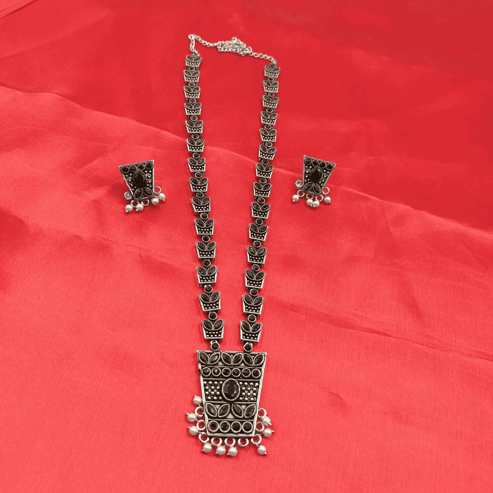 Vintage Charisma Oxidized Silver Look Long Black Color Necklace Set with Earrings