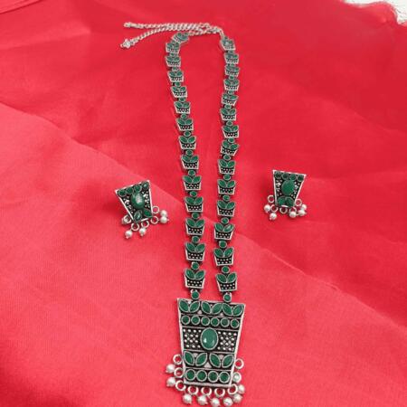 Vintage Charisma Oxidized Silver Look Long Green Color Necklace Set with Earrings