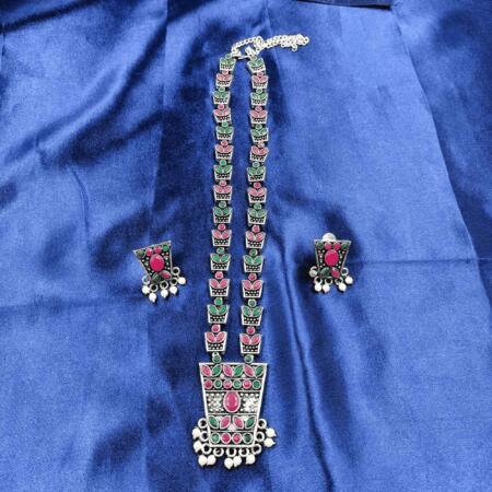 Vintage Charisma Oxidized Silver Look Long Multi  Color Necklace Set with Earrings