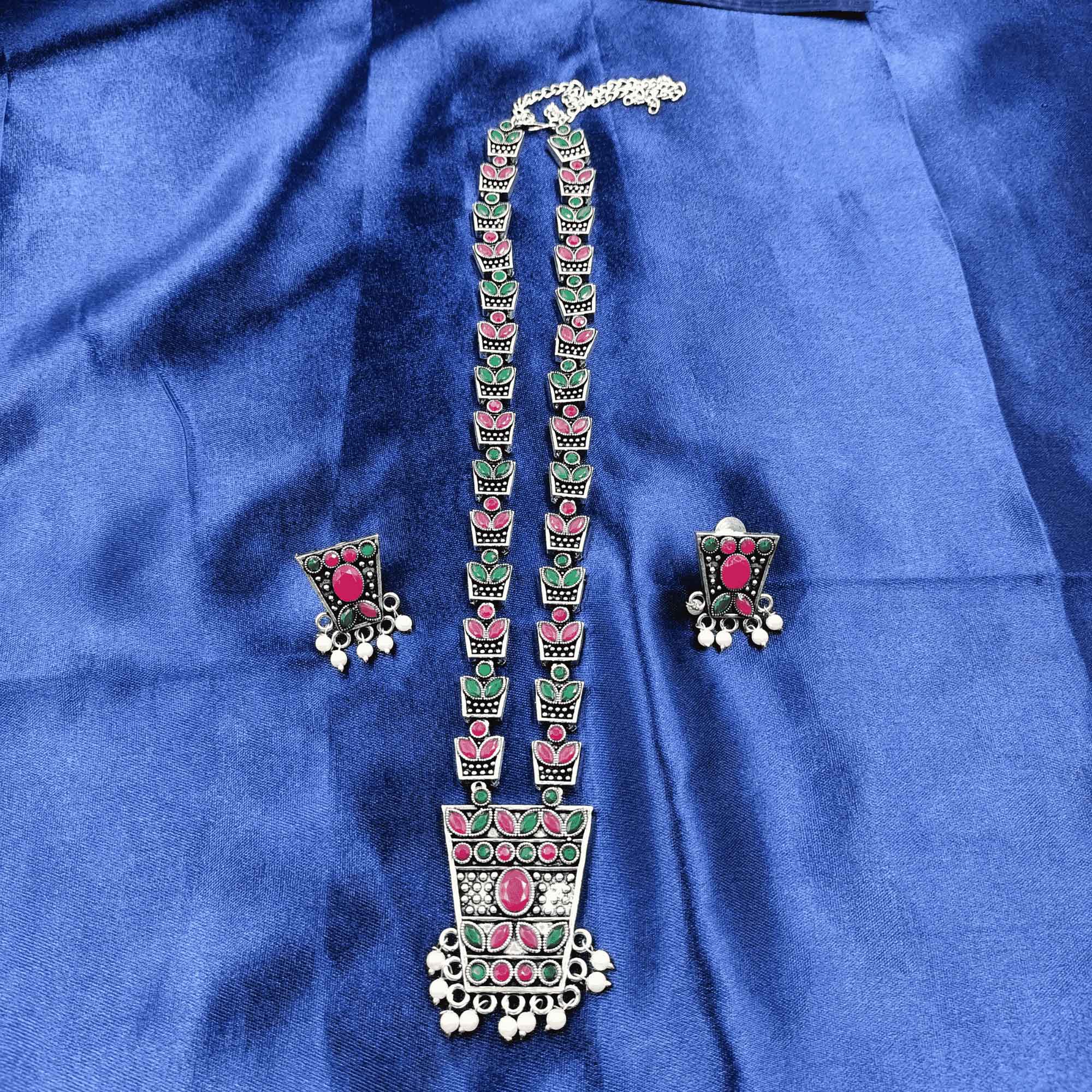 Vintage Charisma Oxidized Silver Look Long Multi  Color Necklace Set with Earrings