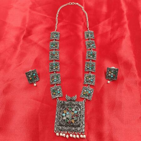 Vintage Charisma Oxidized Silver Look Long Multi  Color Necklace Set with Earrings