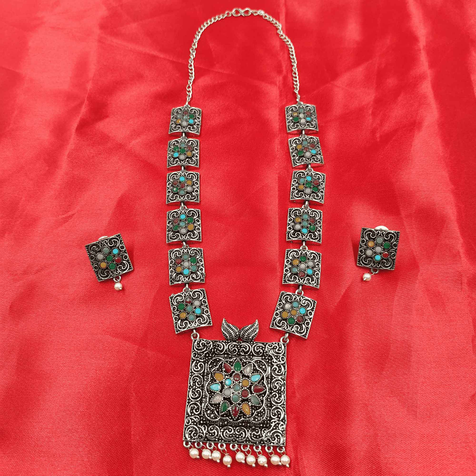 Vintage Charisma Oxidized Silver Look Long Multi  Color Necklace Set with Earrings