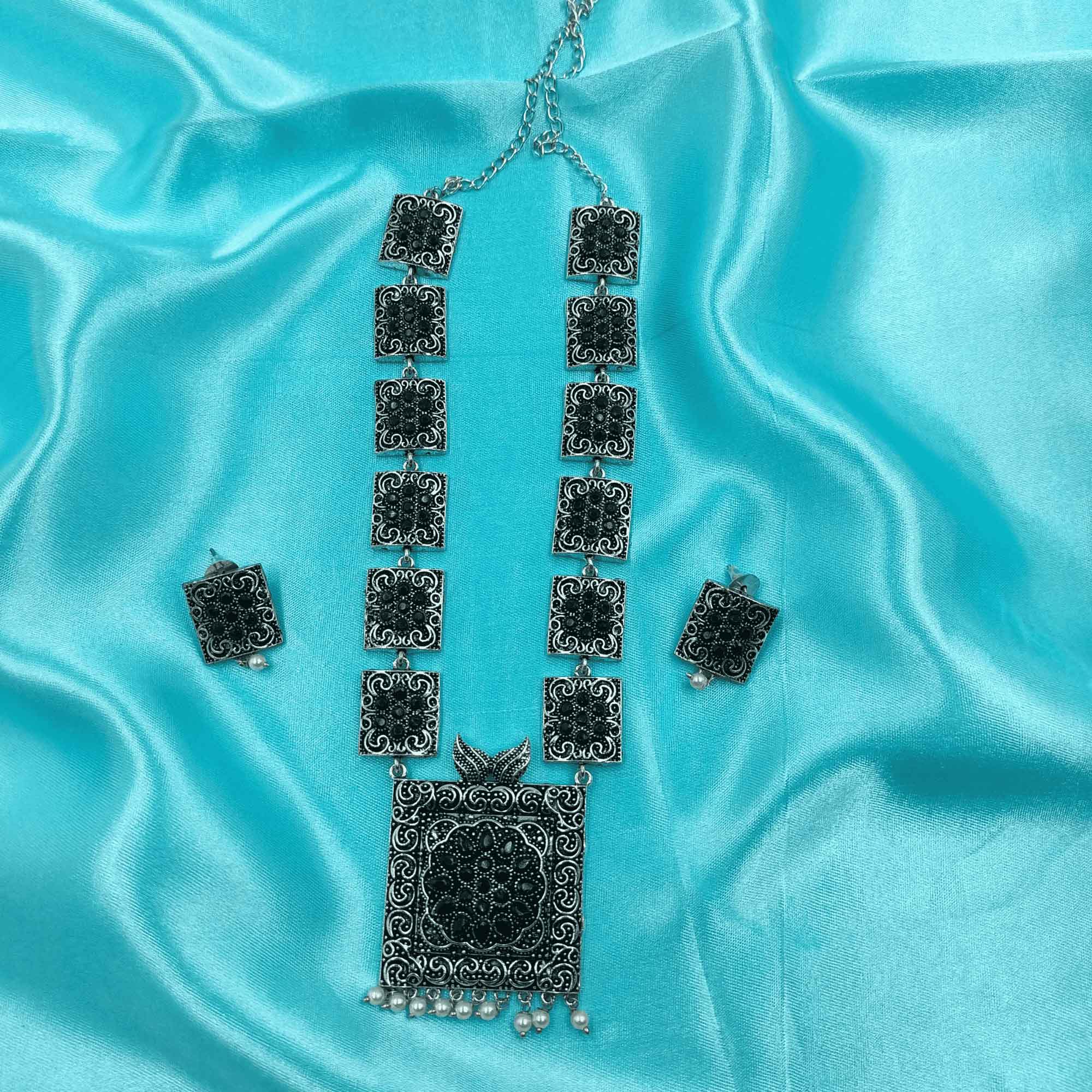 Vintage Charisma Oxidized Silver Look Long Black  Color Necklace Set with Earrings