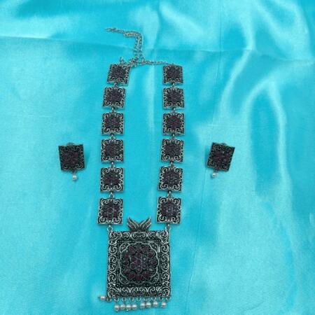 Vintage Charisma Oxidized Silver Look Long Rani Color Necklace Set with Earrings