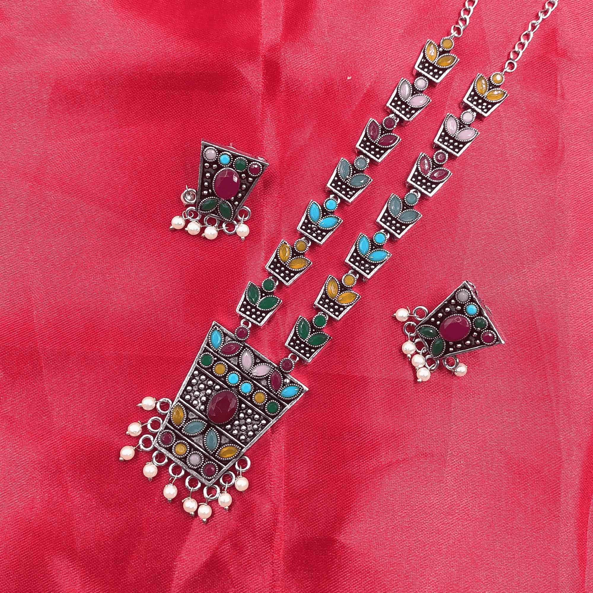 Ethereal Aura Silver Look Oxidized Multi Color Long Necklace Set