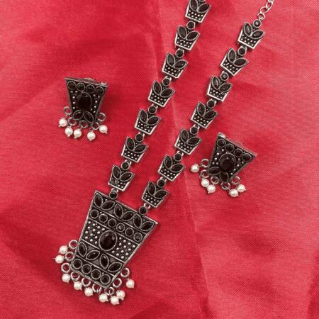 Ethereal Aura Silver Look Oxidized Black Color Long Necklace Set