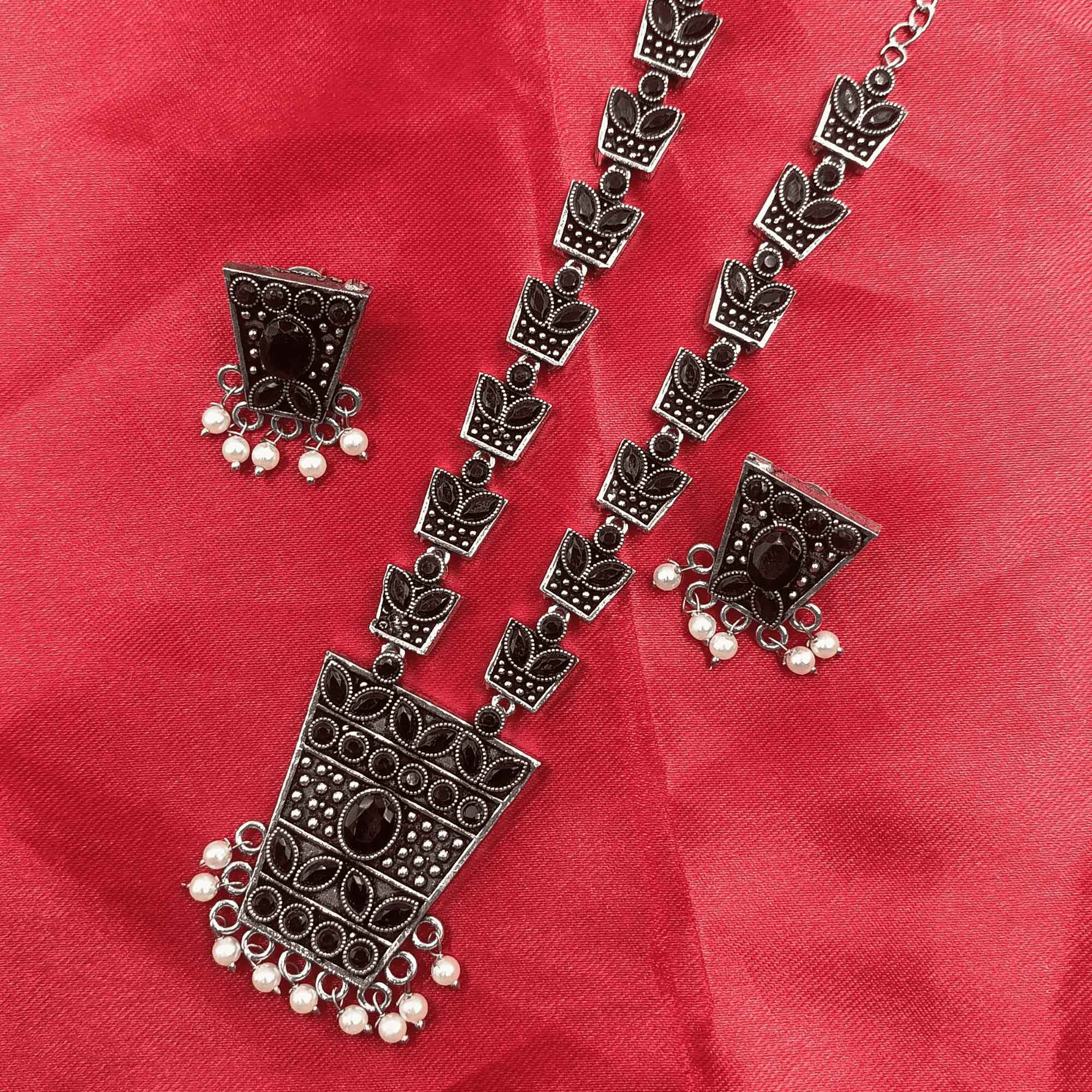 Ethereal Aura Silver Look Oxidized Black Color Long Necklace Set