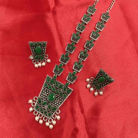 Ethereal Aura Silver Look Oxidized Green Color Long Necklace Set