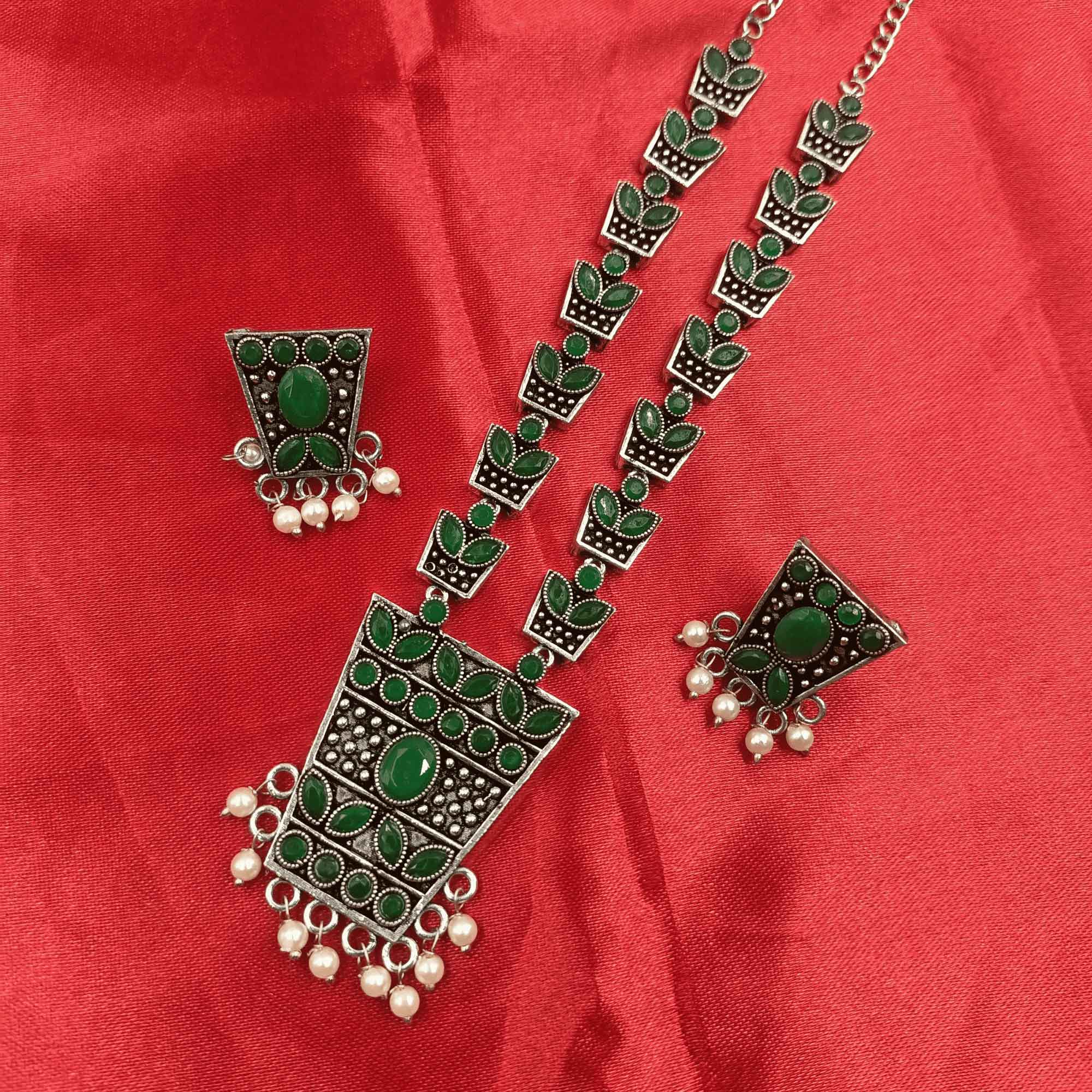 Ethereal Aura Silver Look Oxidized Green Color Long Necklace Set