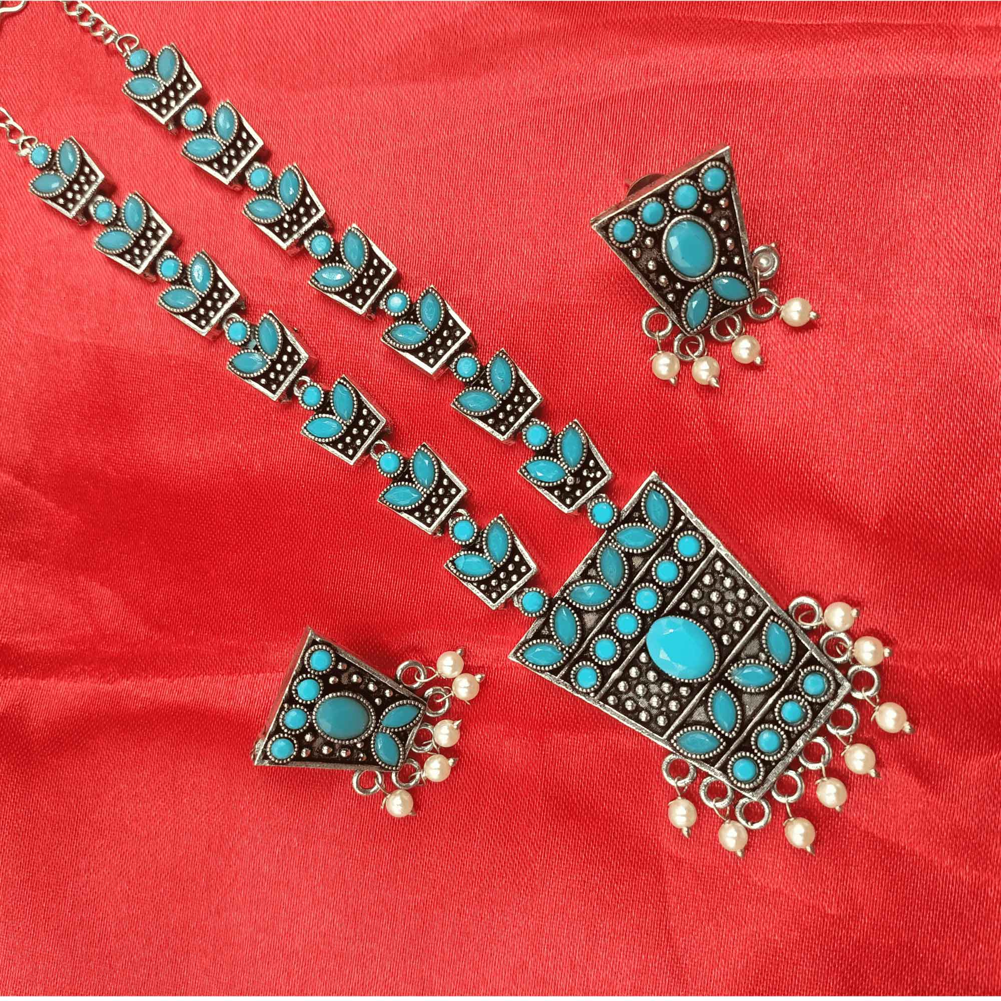 Ethereal Aura Silver Look Oxidized Turquoise Blue Color Long Necklace Set