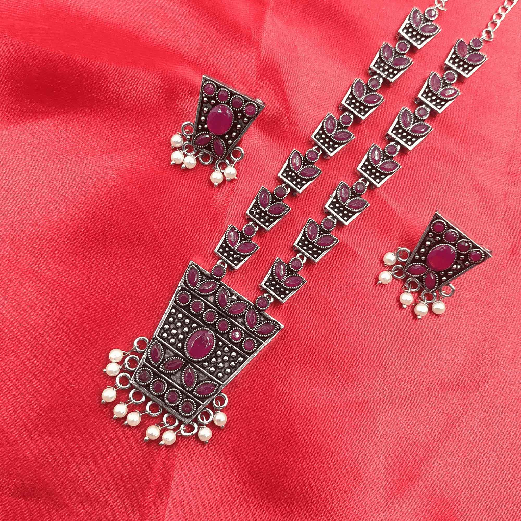 Ethereal Aura Silver Look Oxidized Red Color Long Necklace Set
