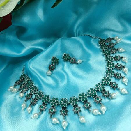 Timeless Elegance Silver Oxidized Green Color Chokar Necklace Set