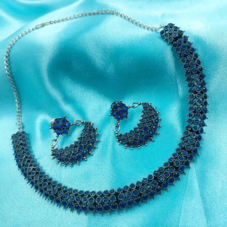 Timeless Elegance Silver Oxidized Blue Color Chokar Necklace Set with Dangler Earrings