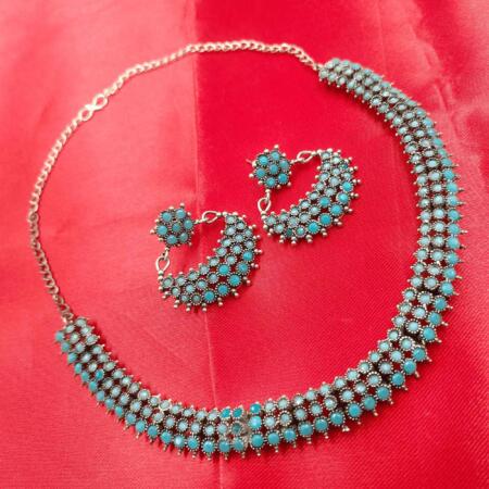 Timeless Elegance Silver Oxidized Turquoise Blue Color Chokar Necklace Set with Dangler Earrings