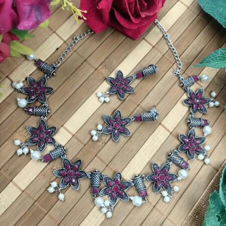 Ethereal Aura Silver Look Oxidized Red Color Chokar Necklace Set