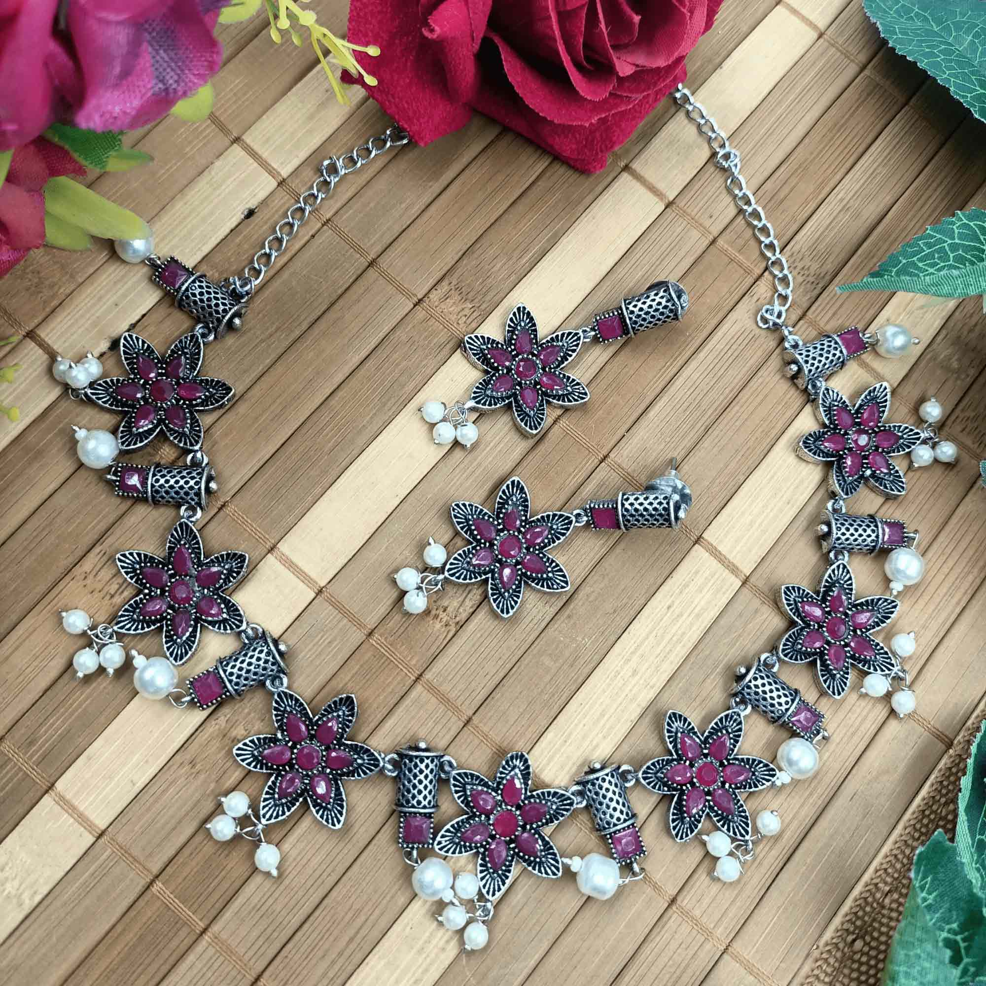 Ethereal Aura Silver Look Oxidized Red Color Chokar Necklace Set