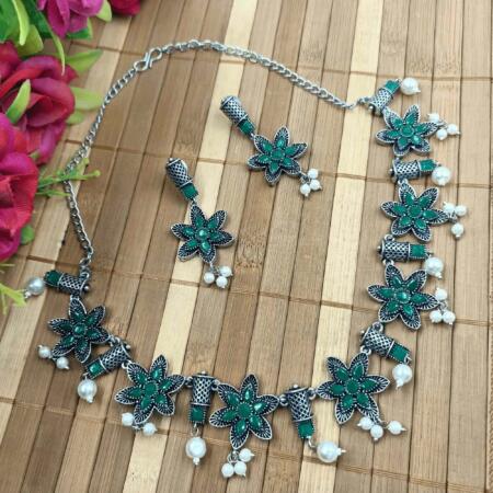 Ethereal Aura Silver Look Oxidized Green Color Chokar Necklace Set