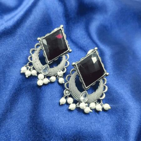 Ethereal Glow Silver Oxidized Wine Maroon Color Dangler Earrings