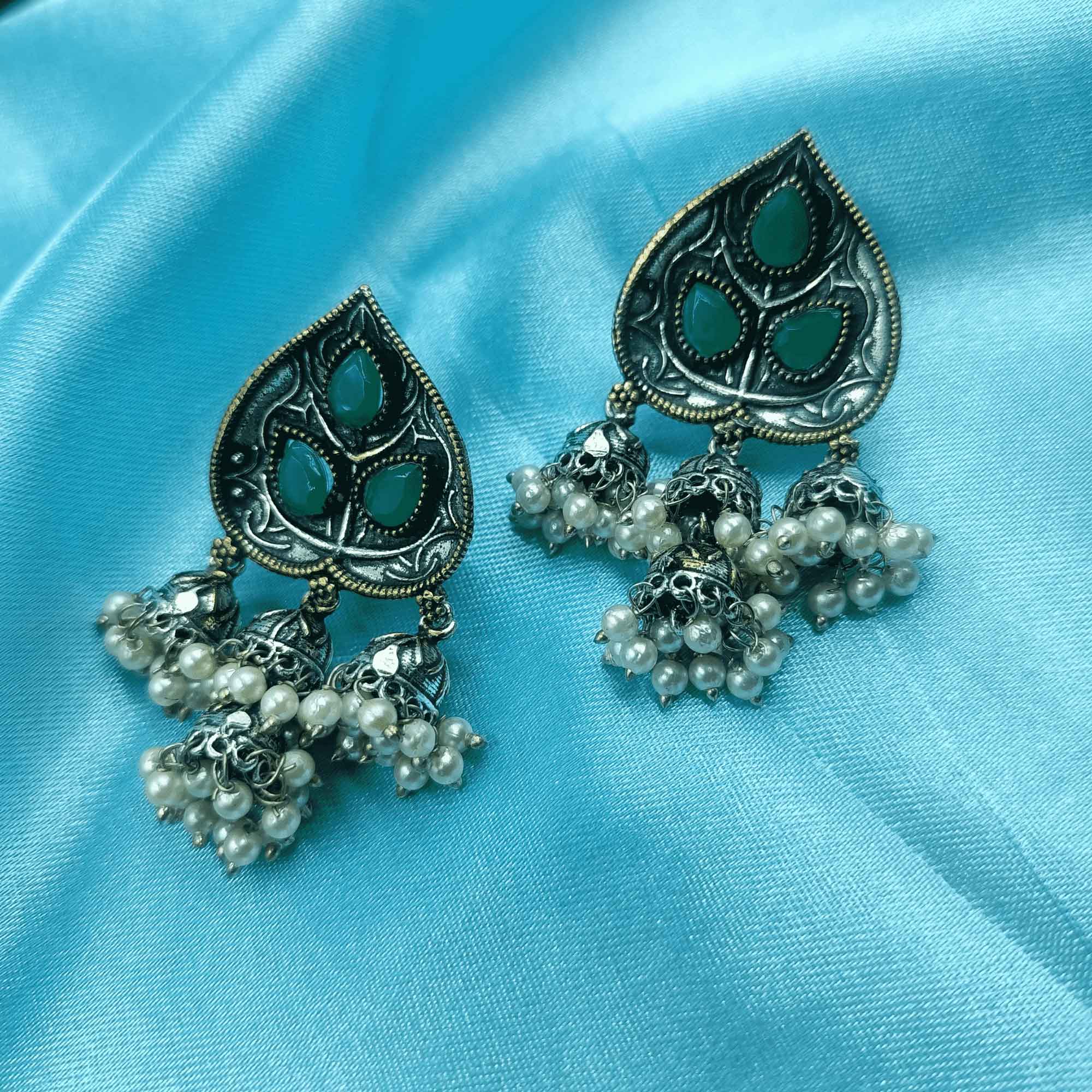 Ethereal Twilight Oxidized Green Color Zhumki Earrings