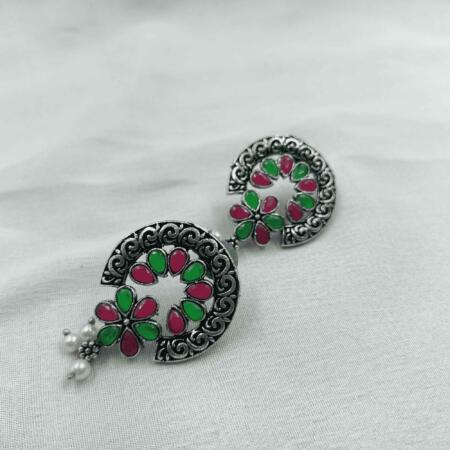 Ethereal Glow Silver Oxidized Multi Color Dangler Earrings