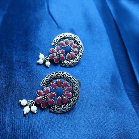 Ethereal Glow Silver Oxidized Red Color Dangler Earrings