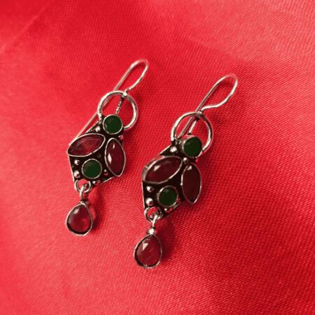 Vintage Silver Charm Oxidized Red & Green Color Drop Earrings