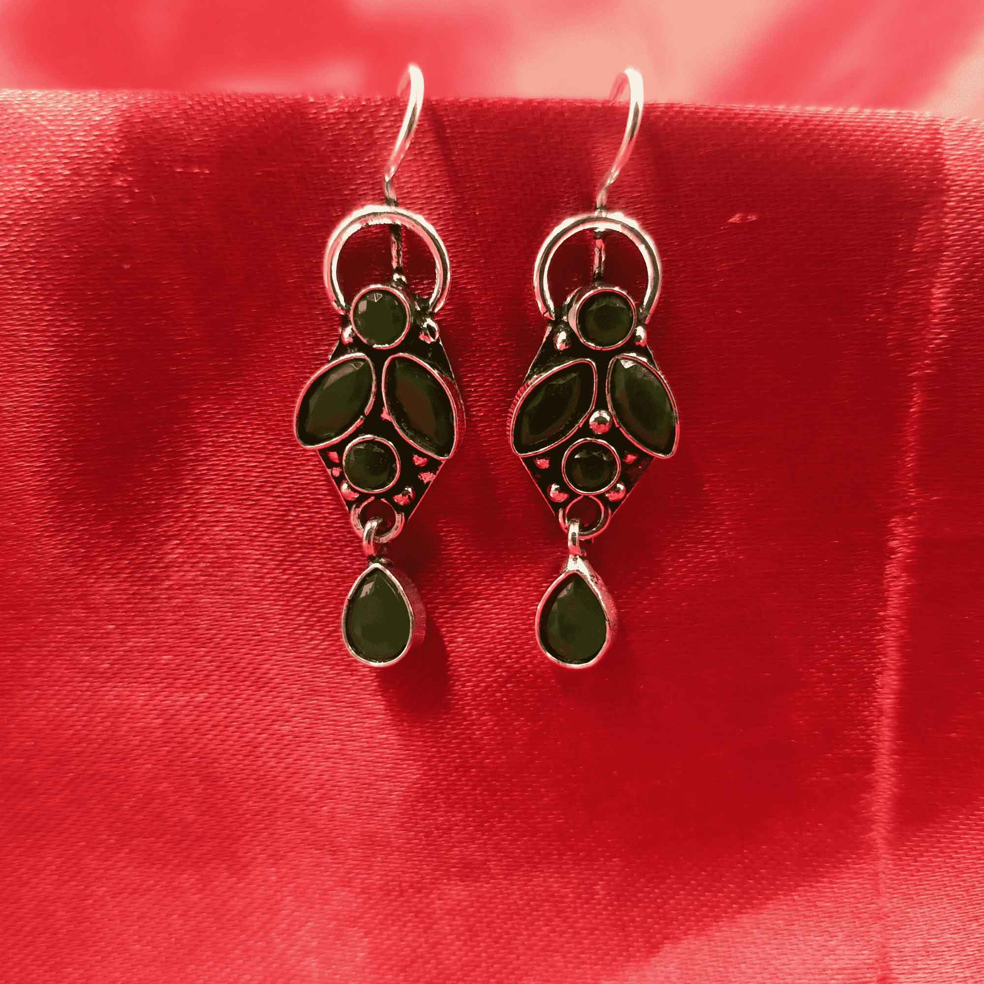 Vintage Silver Charm Oxidized Green Color Drop Earrings