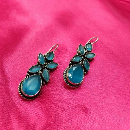 Elegant Cascade Silver Look Oxidized Blue color Drop Earrings